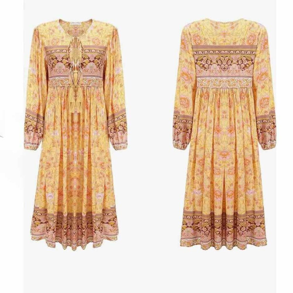 R.Vivimos Women Long Sleeve Floral V Neck Tassel Boho Festival Dress M, Sz 8, 10 - Picture 4 of 13